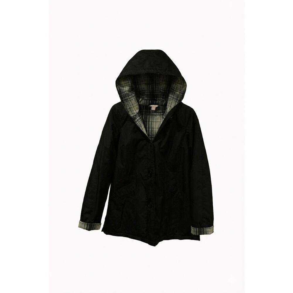 White Stag Black Hooded Jacket Women's Size S 4-6 Plaid Lined Barn Coat